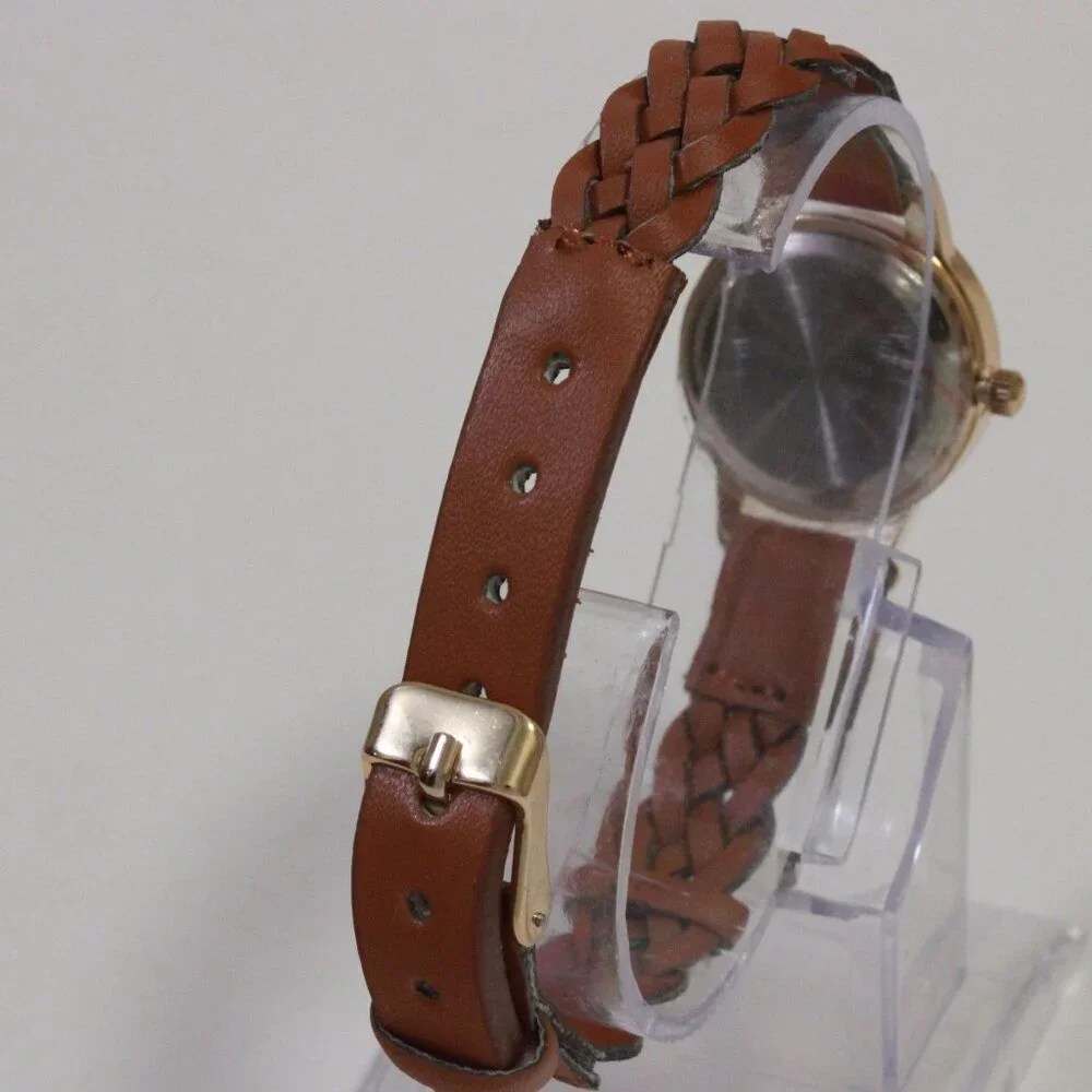 Accutime Ladies Casual Quartz Watch Map Dial Gold Tune Braided Strap 24mm